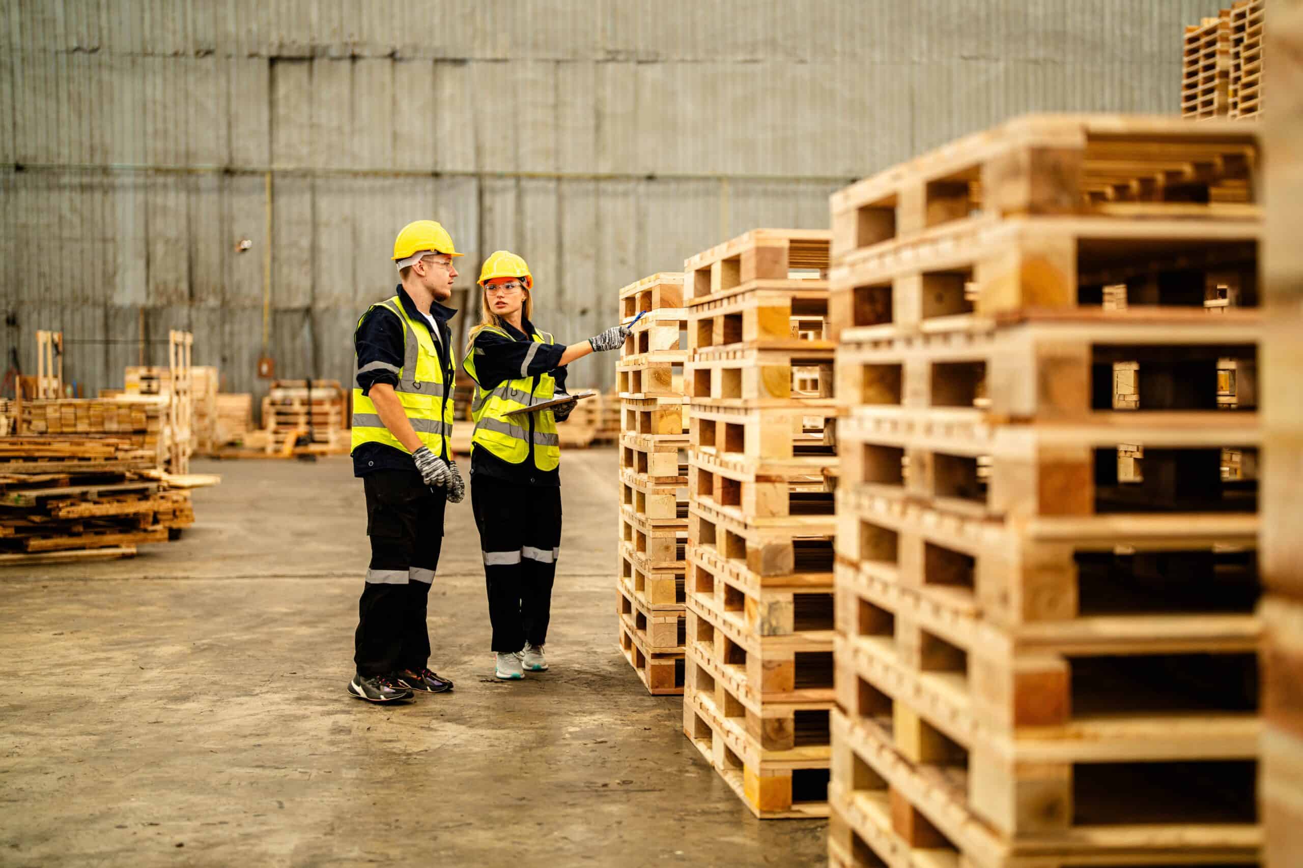 Technician engineers team checking pallet manufacturing equipment
