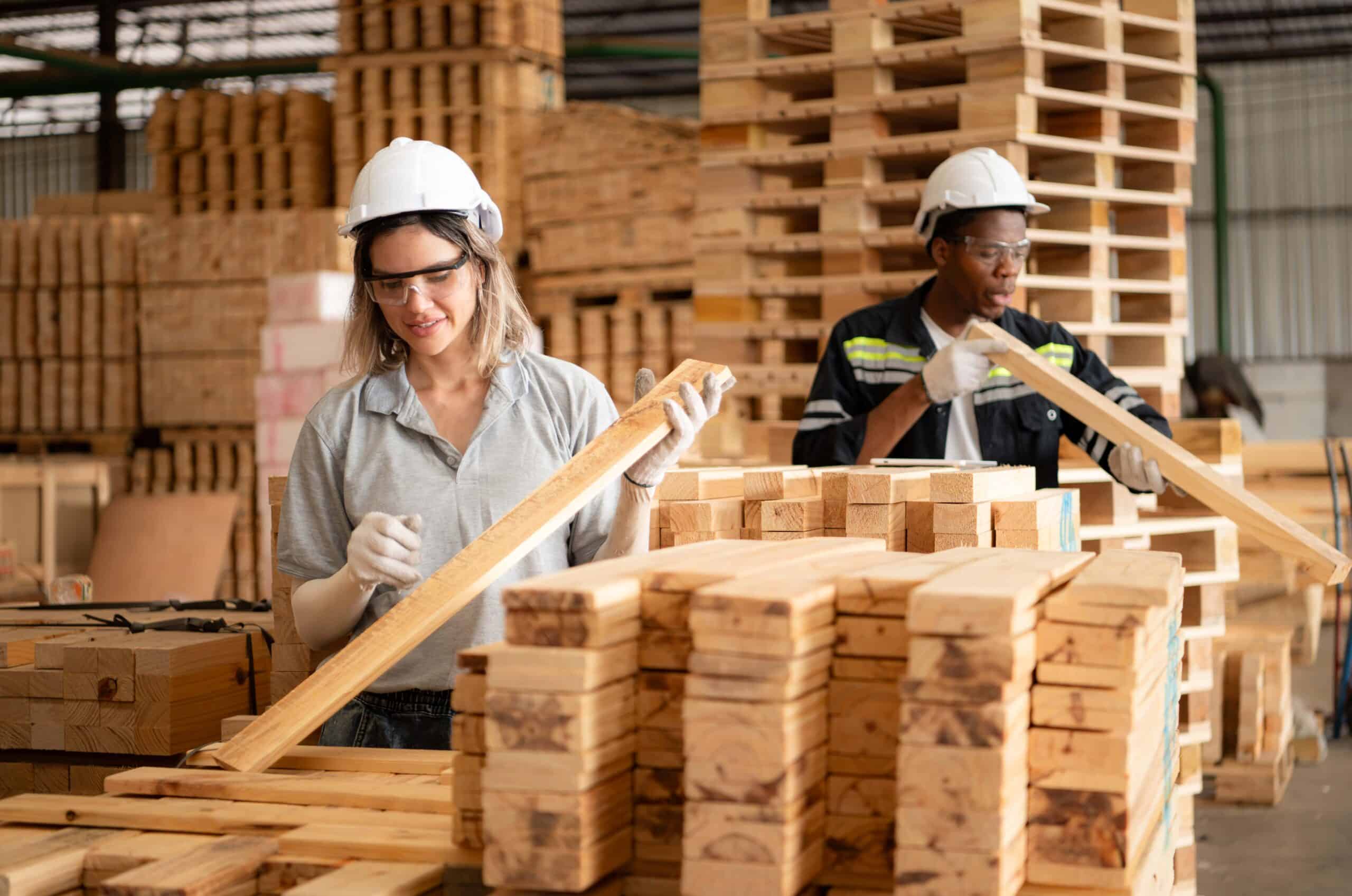 Young female and male warehouse workers using digital tablet for working in wooden factory
