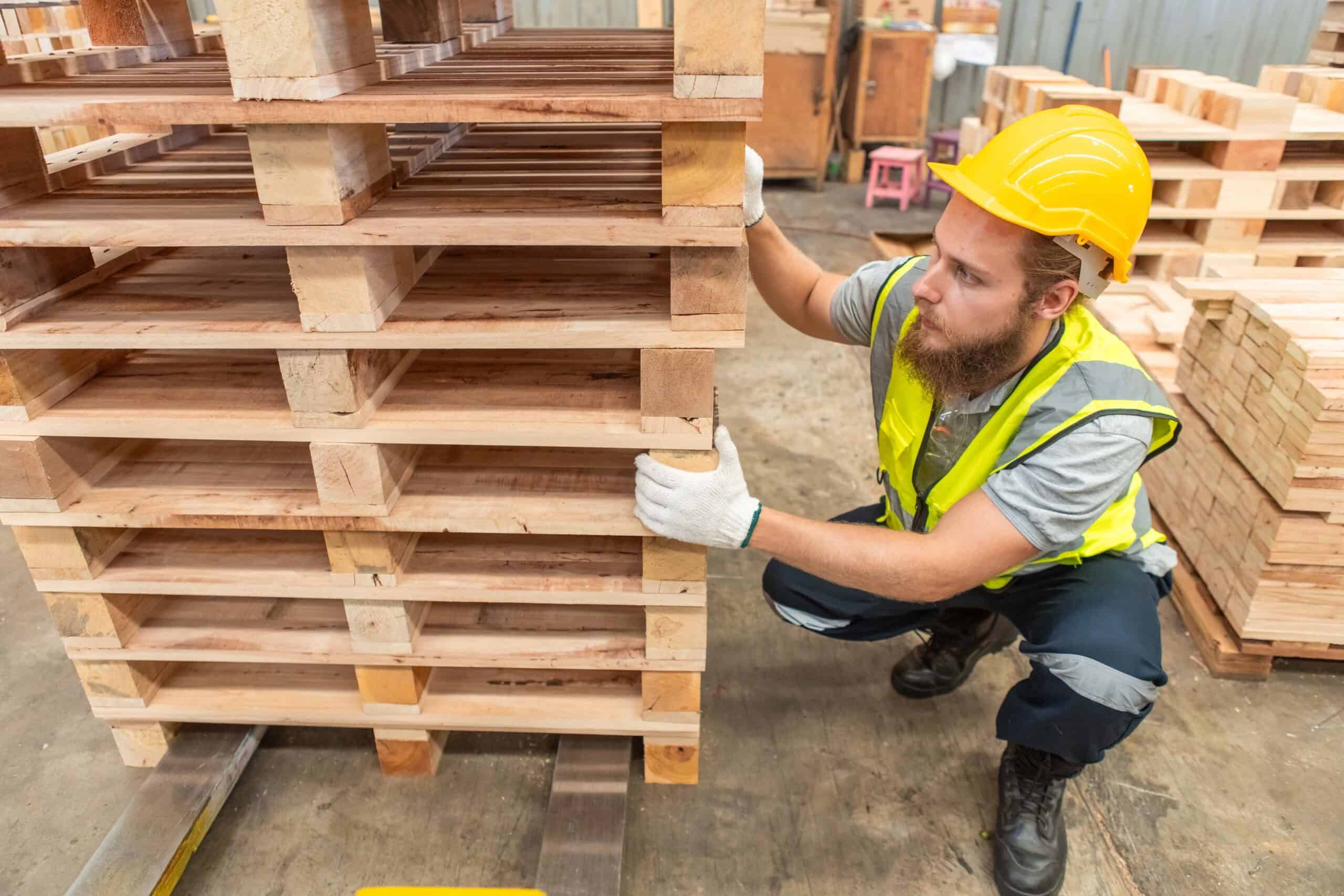 Man wearing safety uniform and yellow hard hat working checking quality wooden products at workshop